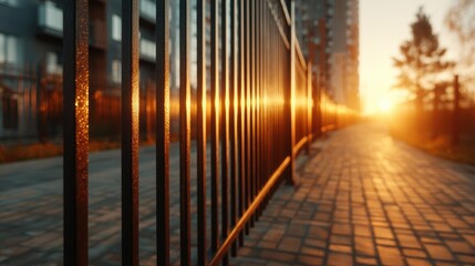 Obraz premium A captivating close-up of metal fence bars reflecting stunning sunset hues, creating an artistic play of light, shadow, and color in an urban landscape.