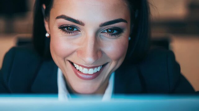 Happy woman watching videos online laughing joyfully in slow motion capturing pure happiness and positive emotions perfect for entertainment and lifestyle content creation