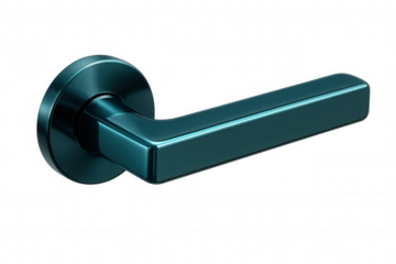 Studio shot of a sleek teal door handle, ideal for architectural visualizations or interior design projects, featuring a transparent background for easy integration