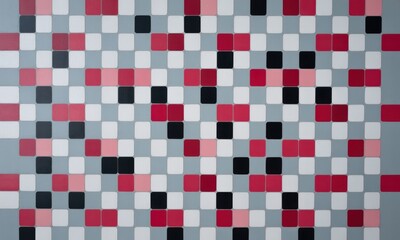 Fototapeta premium A repeating pattern of small squares in gray, red, black and white. The squares are organized in a grid, but the colors are not in a precise checkerboard pattern. 