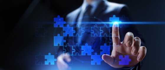 Business Strategy and Global Collaboration Concept with Digital Puzzle Integration.
