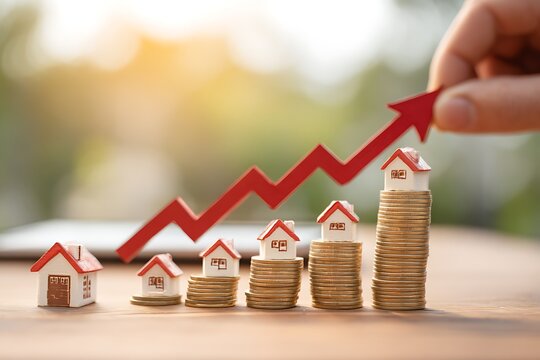 Real estate investor analyzing property value growth with stacked coins, houses, and upward arrows, representing rising mortgage rates, housing market trend, ROI, and smart investment strategy.