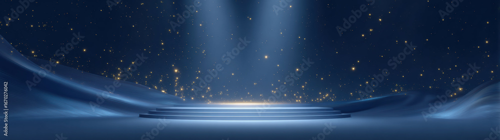 Poster magical empty blue stage background with glowing spotlight and brilliant light. dramatic sparkling p