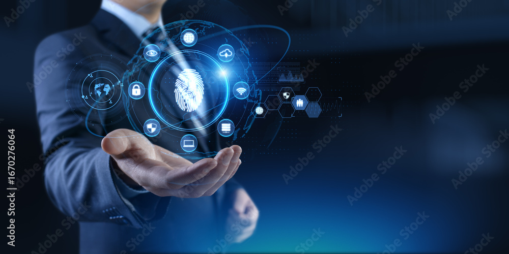 Aufkleber biometric security access and digital identity interface on virtual screen.