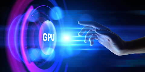 GPU Graphic processor unit. Hands pressing button virtual screen.