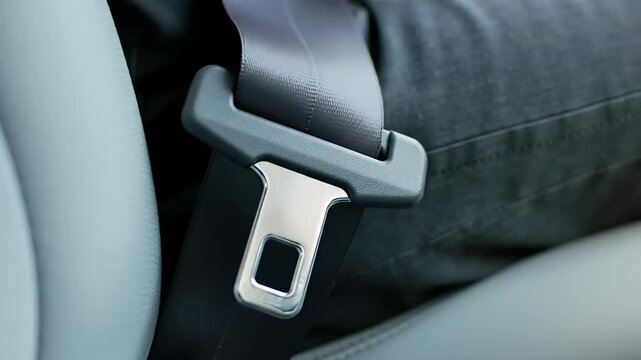 Close-up view of a car seatbelt buckle and strap over person's clothing
