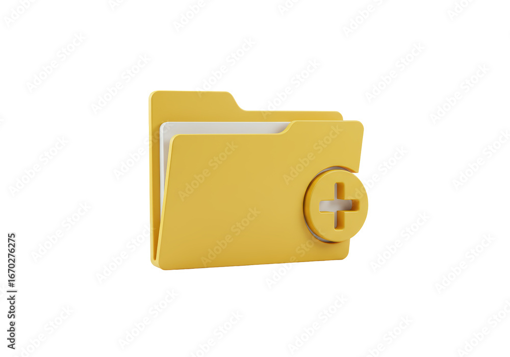 Poster isolated add folder icon, new document button, yellow case with plus symbol, empty directory