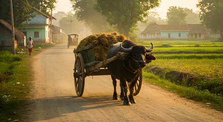 Buffalo pulls cart laden with hay down dusty rural road at golden hour, evoking tradition and hard work.
