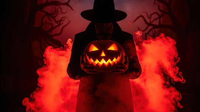 Silhouette of person in wide hat and coat holding glowing jack o lantern surrounded by red smoke in dark forest. Concept of Halloween, spooky tradition and horror theme - Powered by Adobe