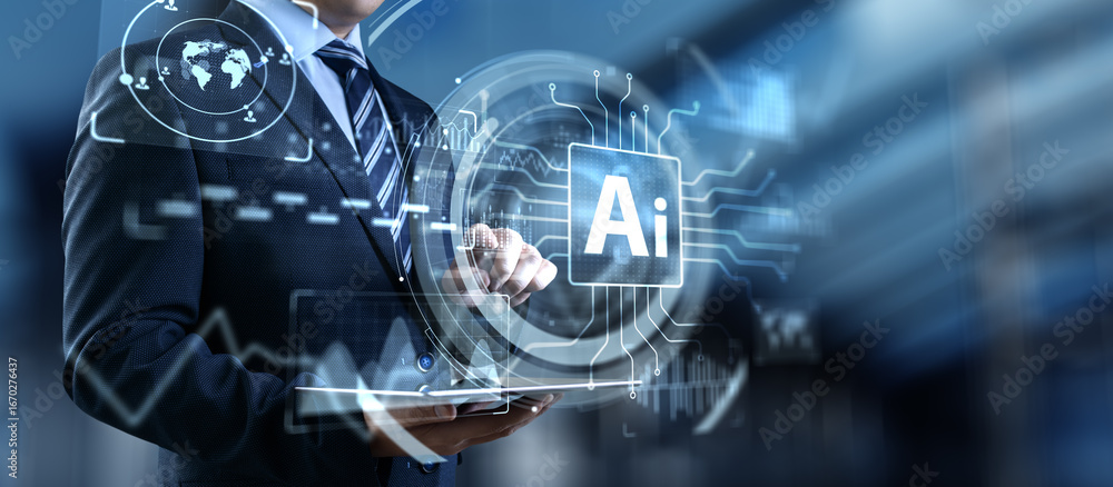 Poster artificial intelligence technology and global business strategy concept with digital interface.