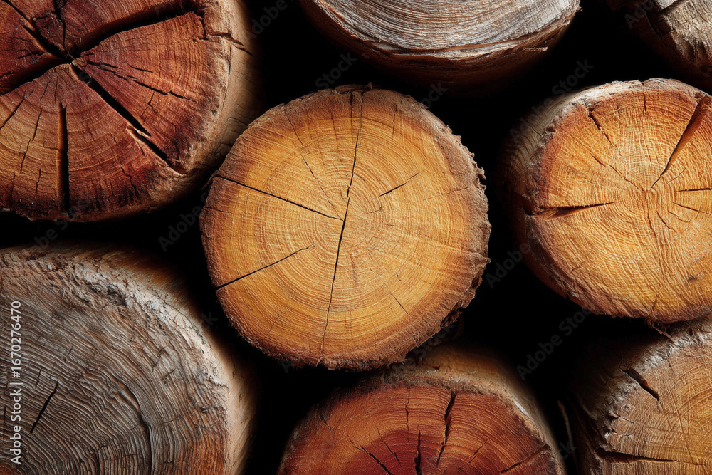 Poster a pile of logs with a large, round log in the center