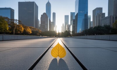 A solitary yellow leaf rests on a city street,  with tall buildings  in the background. Sunrise glows through the urban  landscape