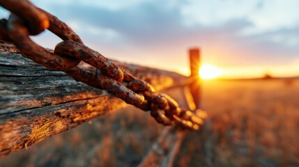 A scenic view of a rusty chain linking fence under a beautiful sunset, highlighting the contrast between nature and man-made objects in a serene atmosphere.