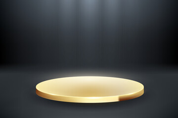 Gold podium studio room background. Black background vector 3d with golden circle pedestal. Empty room with light effect. Space for selling luxury products on the website. Vector illustration
