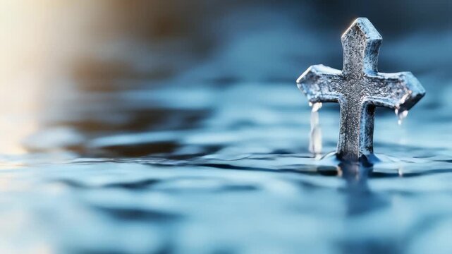 Christian cross standing in water with divine light background. Faith, baptism, salvation. Renewal, purity, spiritual cleansing. Ideal for Easter, baptism, church services.