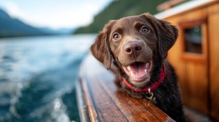 A joyful brown dog leans out from a boat, capturing the essence of freedom and adventure as it enjoys the scenic beauty surrounding tranquil waters and mountains.
