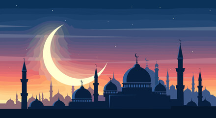Ramadan Crescent Moon Over Islamic Cityscape Sunset Sky