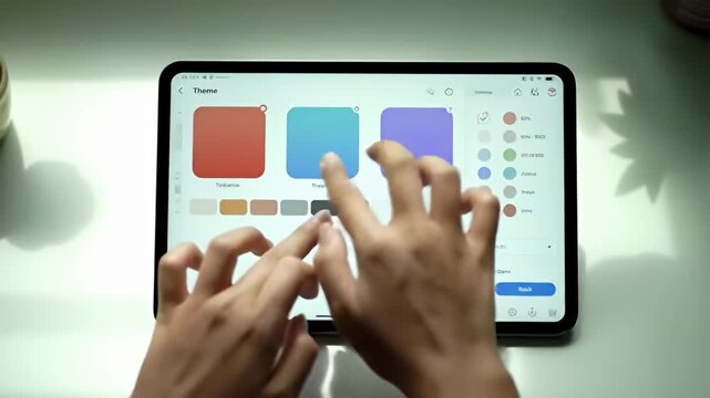 Person selecting a theme on tablet with colorful blocks and sidebar options
