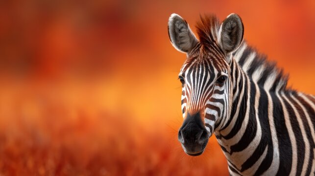 A majestic zebra stands proudly in the wild landscape, its striking black and white stripes contrasting vividly with the colorful background, showcasing nature's beauty.