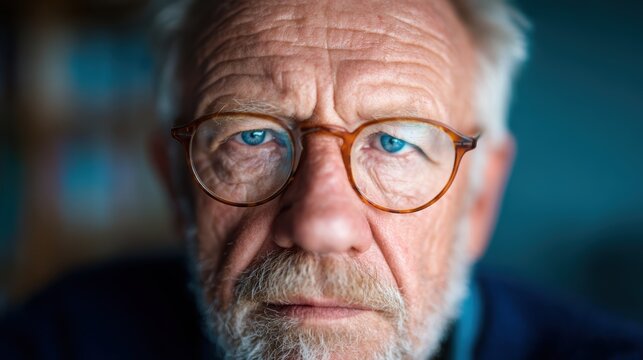 An elder man with glasses displays a thoughtful expression, inviting viewers into a moment of introspection and wisdom, highlighting the beauty of age and experience.
