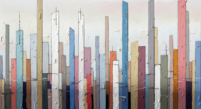Abstract cityscape painting with colorful rectangular shapes of buildings