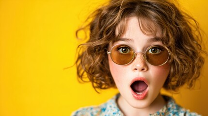 A young girl with curly hair and sunglasses expresses pure surprise and joy against a vibrant yellow background, embodying youthful energy and spontaneity, perfect for cheerful themes.