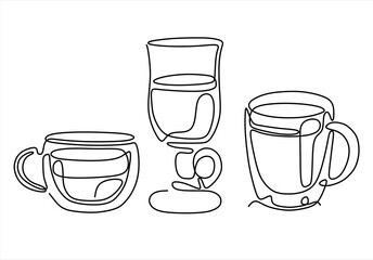 set of cups of coffee. continuous line drawing. Editable stroke.
