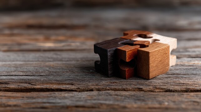 A close-up view of intricately crafted wooden puzzle pieces placed on a rustic, weathered wooden table, showcasing textures and natural colors essential for a unique design.