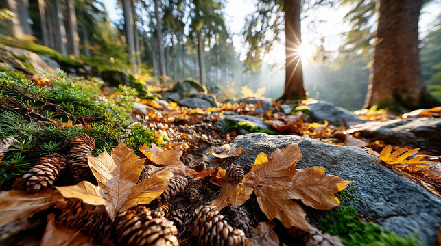 Fallen leaves and pine cones on the rocks in the forest.