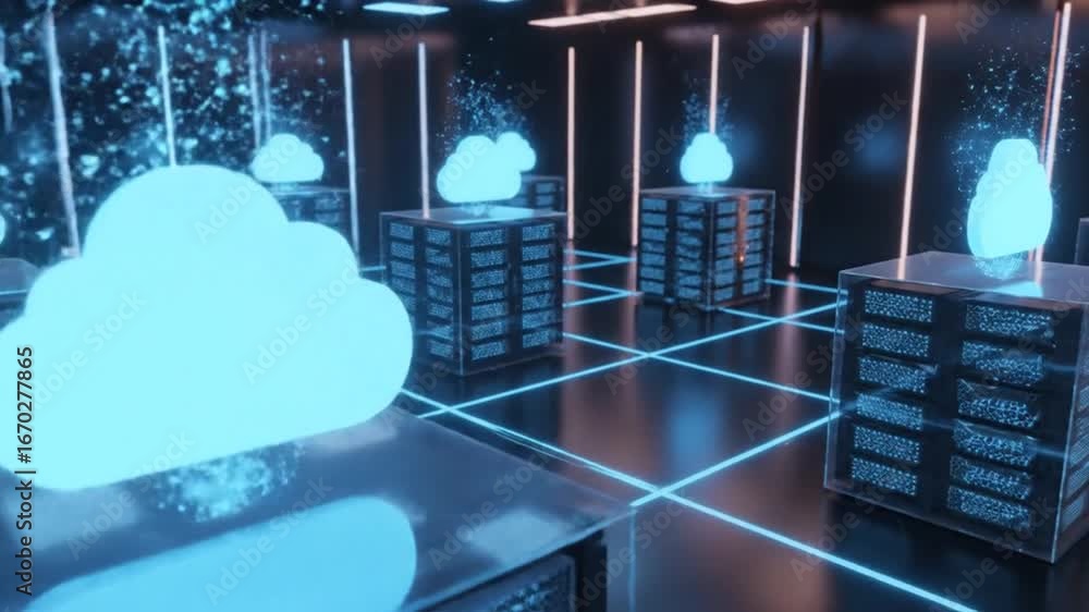 Poster network data server clouds on black background with glowing blue lines