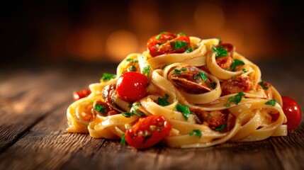 A mouthwatering pasta dish featuring fettuccine, sun-dried tomatoes, fresh herbs, and colorful cherry tomatoes, perfect for food lovers and culinary enthusiasts alike.