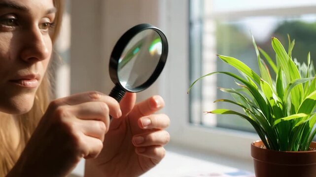 Woman at home examining plant specimen through magnifying glass demonstrating botanical research and detailed plant study in laboratory setting