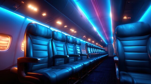 A sleek airline cabin showcasing deep blue and violet neon lighting, highlighting modern design and a sense of journey in an immersive travel atmosphere.