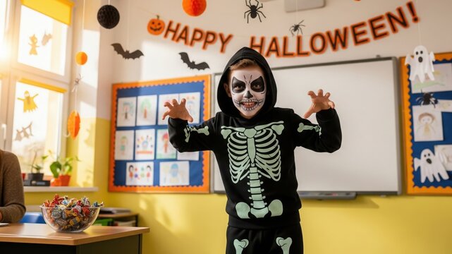 Young boy in skeleton costume with painted skull face posing playfully in decorated classroom with happy halloween banner, candy bowl and colorful drawings on the wall creating festive spirit