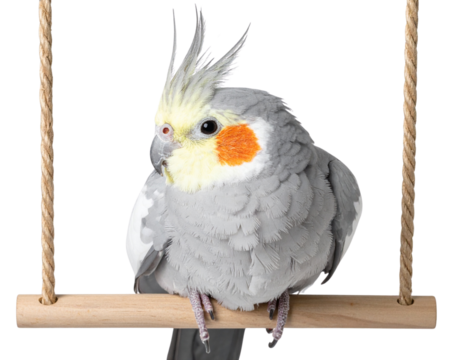  Grey Cockatiel Curled on Swing, Top-Down View, Isolated Transparent Background PNG