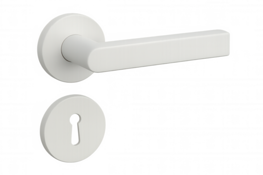 White door handle with metallic keyhole, showcasing contemporary design against transparent backdrop, perfect for architectural rendering - Powered by Adobe