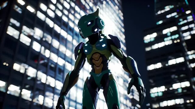 Teal humanoid robot stands amid towering cityscape with glowing windows at night
