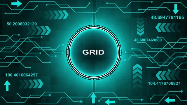 Futuristic Neon Grid Network Data Flow with Digital Arrows and Numbers. abstract background animation. 4k render video and technology background.