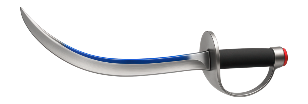 Steel practice saber with a curved blade and padded grip for fencing drills