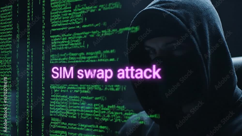 Poster person in hoodie with mask facing screen with digital data and text overlay