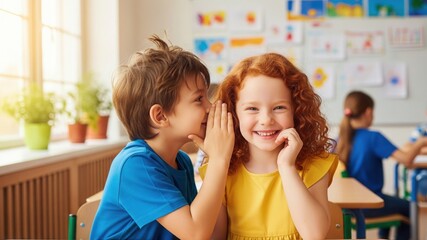Smiling red haired girl in yellow dress listening to brown haired boy whispering in classroom. Bright interior with drawings on wall. Concept of childhood friendship and school learning
