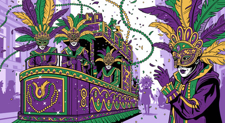 Vibrant Mardi Gras Parade Celebration with Costumed Revelers and Floats