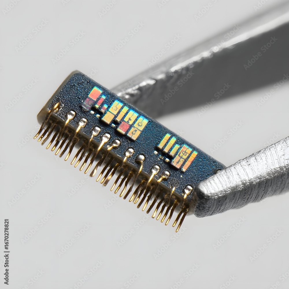 Poster close-up of a microchip being held with tweezers, showcasing intricate circuitry and components