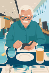 Elderly man in glasses and teal shirt uses a phone at a modern restaurant table with drinks, menu, and waiter in the background, dining out stock illustration image