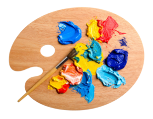 Wooden art palette with colorful oil paint blobs and a paintbrush, isolated on transp