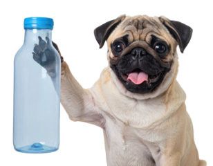 A happy pug dog holding a plastic bottle with its paw, tongue out and an expressive wrinkled face.