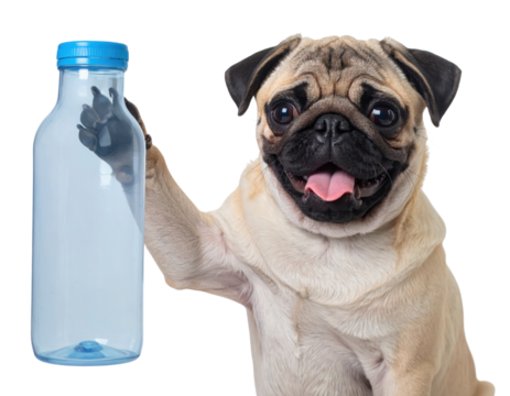 A happy pug dog holding a plastic bottle with its paw, tongue out and an expressive wrinkled face.