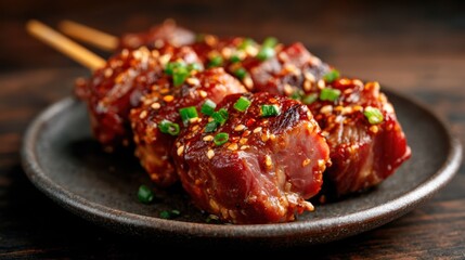 A close-up image of succulent grilled meat skewers garnished with green onions and sesame seeds, showcasing their rich color and texture in a cozy setting.