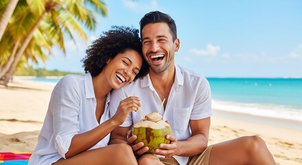 Joyful Diverse Couple Laughing and Sharing Coconut Drink on Sunny Tropical Beach Vacation