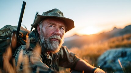 Obraz premium A stoic man with a beard dressed in camouflage is captured during sunset, surrounded by a vast landscape, representing contemplation and the beauty of nature.